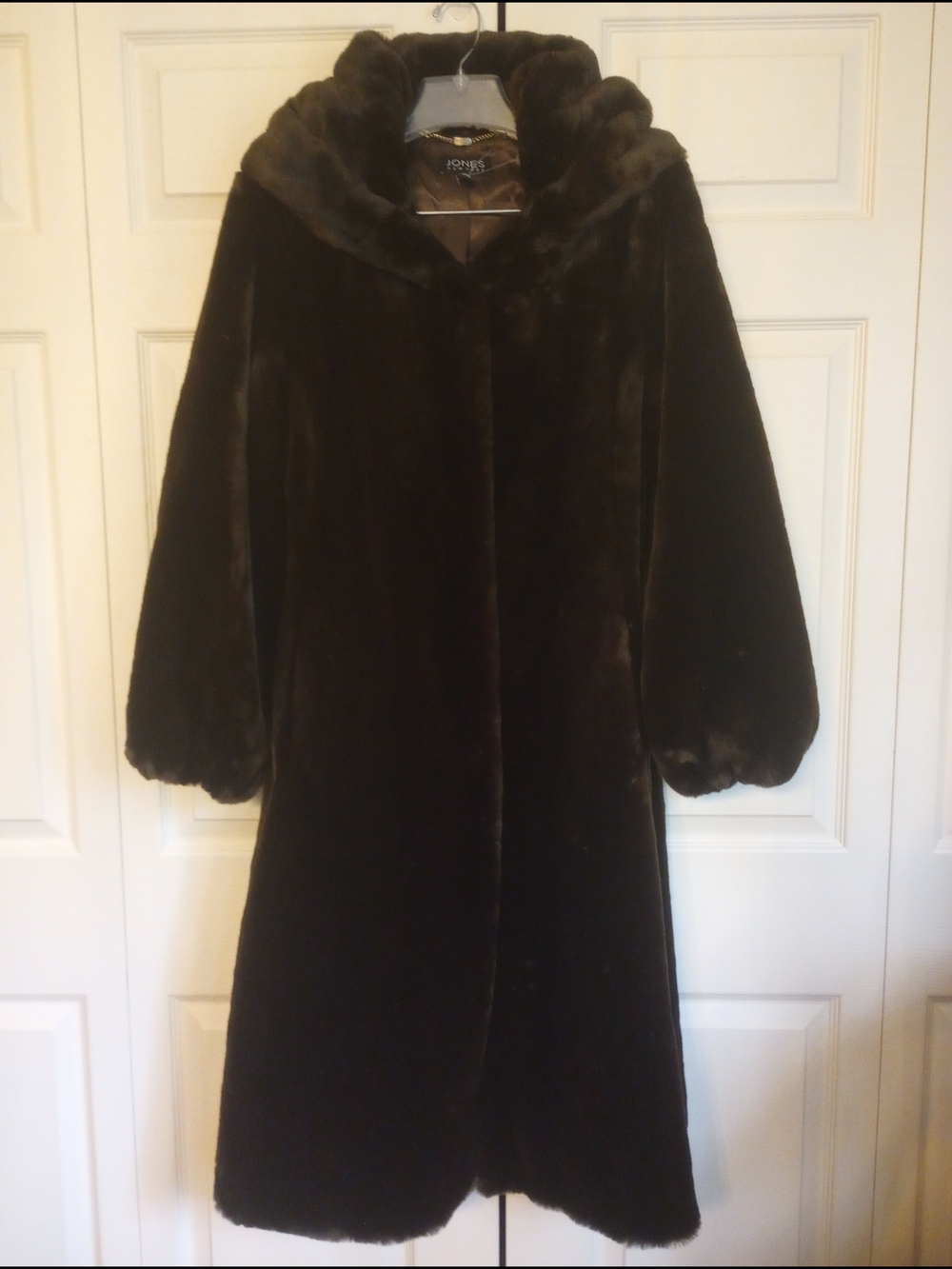 Jones New York Hooded Faux Fur Long Coat Dark Brown M